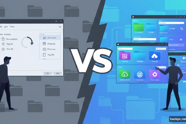 Windows File Explorer versus modern file manager alternatives comparison illustration