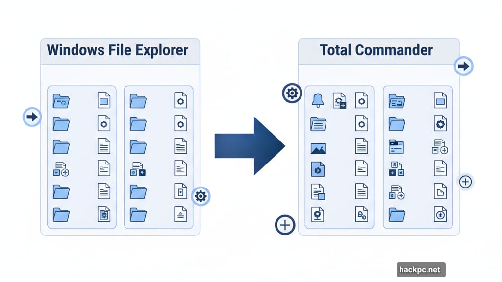 Total Commander uses two vertical panels for file management