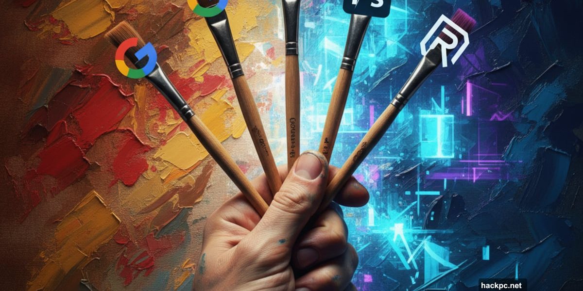 Hand selecting from multiple AI logo paintbrushes over digital canvas