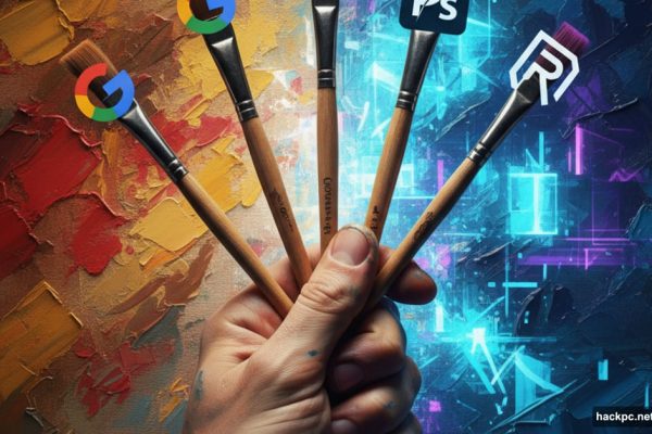Hand selecting from multiple AI logo paintbrushes over digital canvas