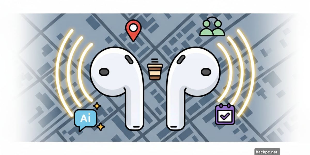 AirPods broadcasting AI location alerts over neighborhood map with contextual icons