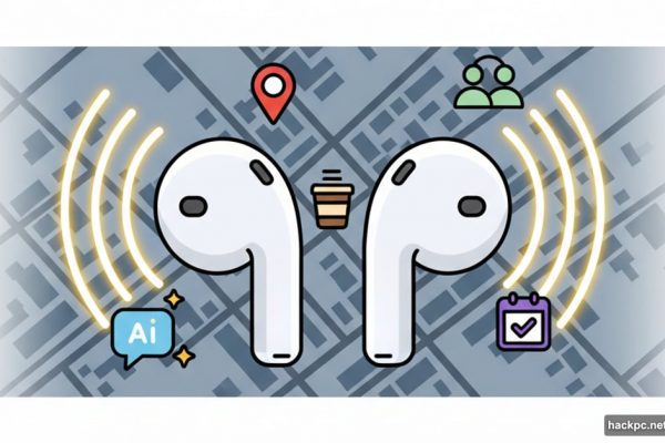 AirPods broadcasting AI location alerts over neighborhood map with contextual icons