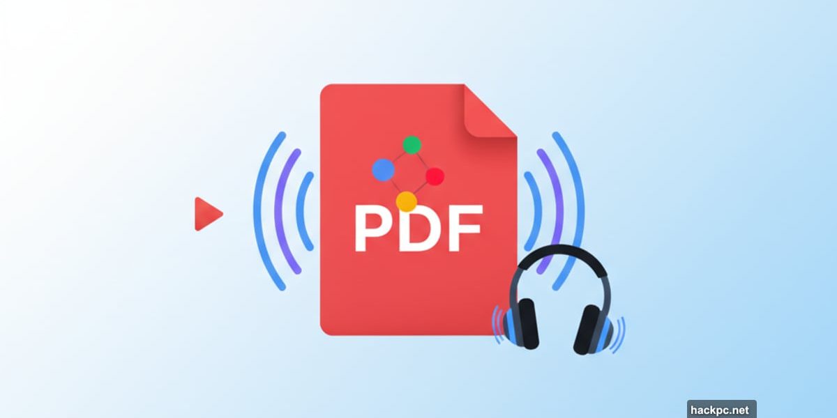 Google Gemini logo on PDF document with sound waves and headphones