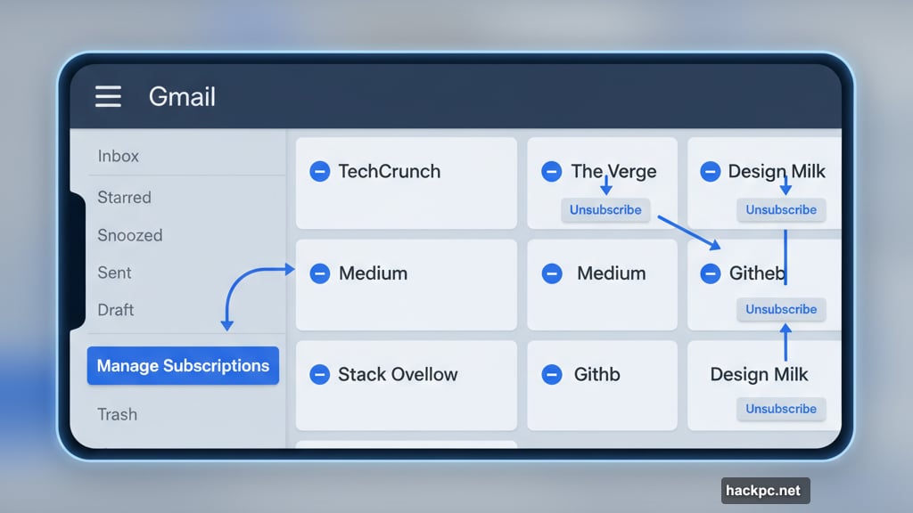 Gmail app showing Manage Subscriptions feature for bulk unsubscribe