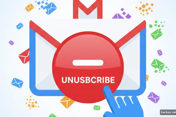 Gmail logo with unsubscribe button surrounded by newsletter emails