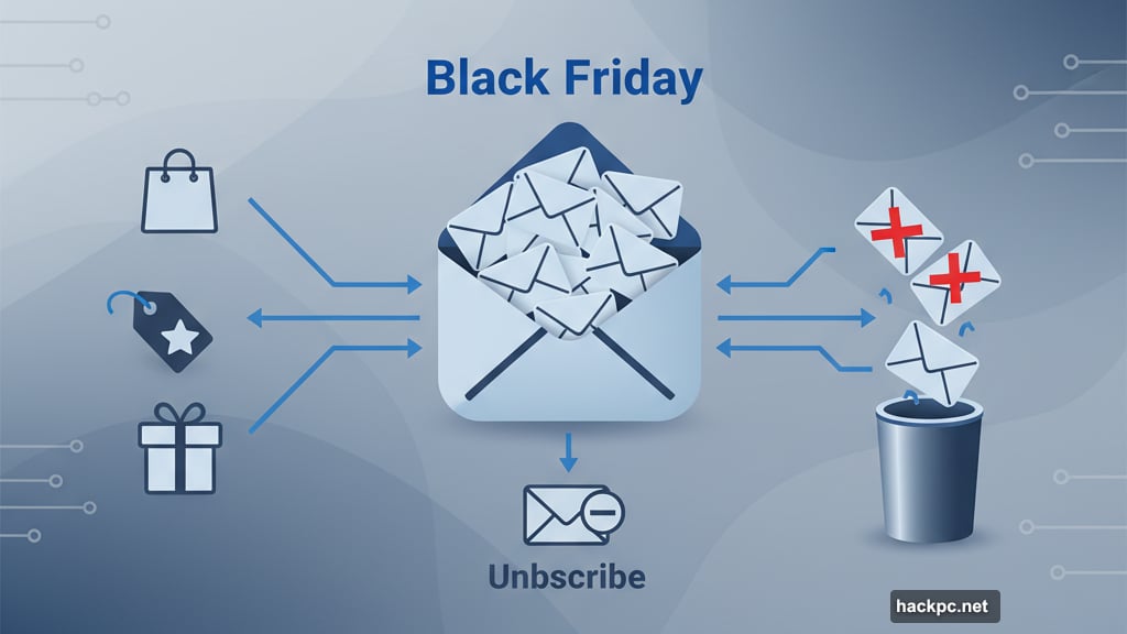 Black Friday promotional emails flooding inbox before bulk unsubscribe cleanup