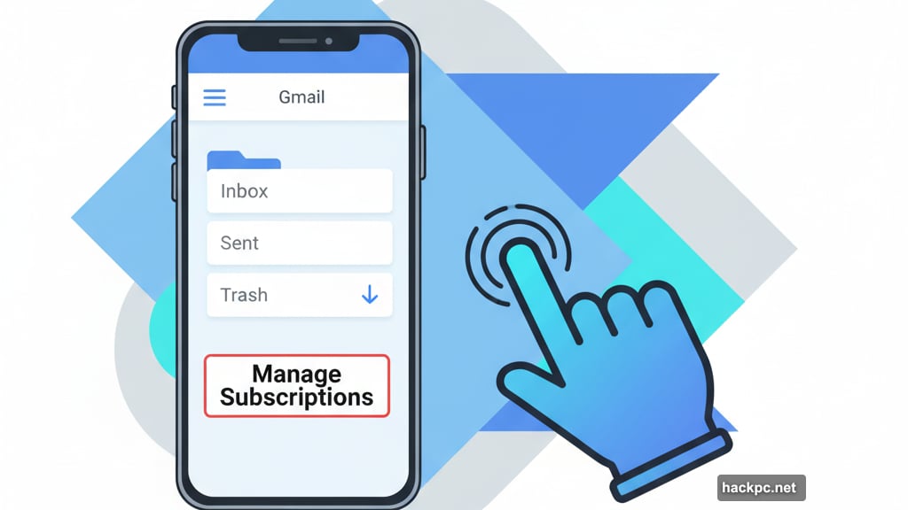 Gmail mobile menu showing Manage Subscriptions below Trash section