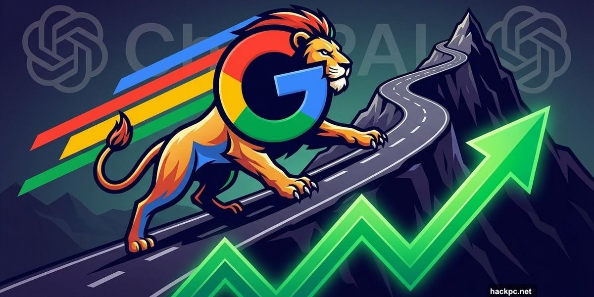 Google logo clawing upward in AI race with competitors behind