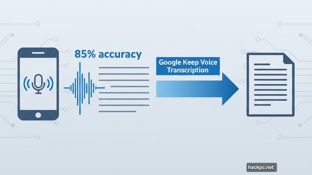 Voice transcription converts spoken words to text automatically in Keep