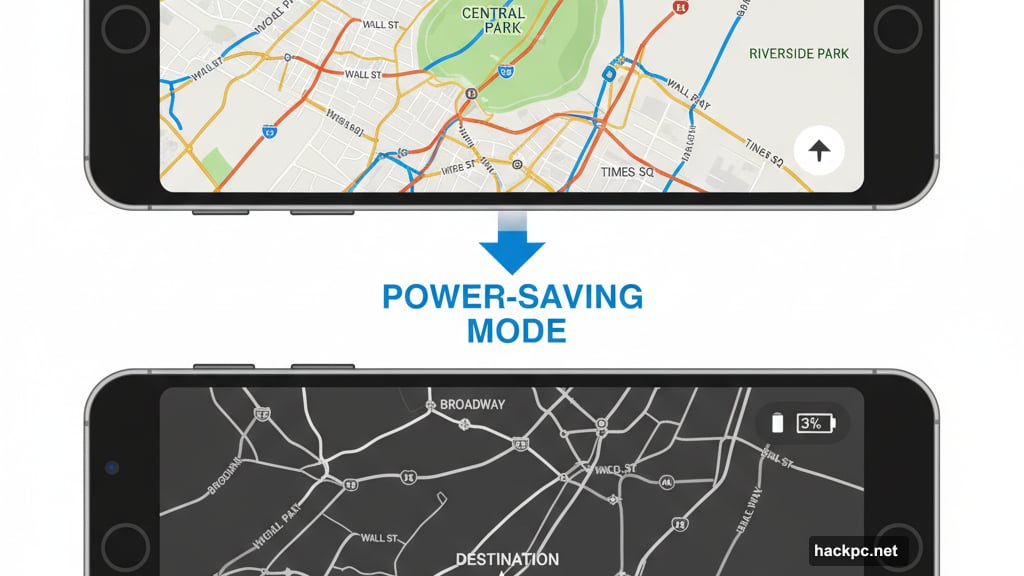 Power-saving mode strips screen down to navigation essentials