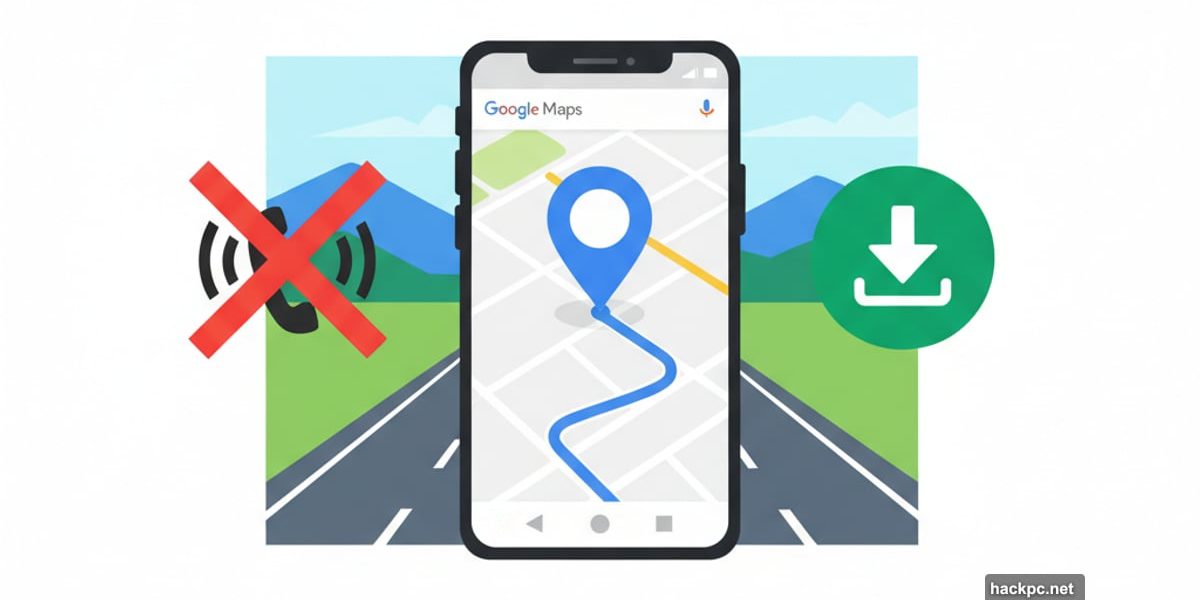 Smartphone with Google Maps showing offline download capability despite no signal