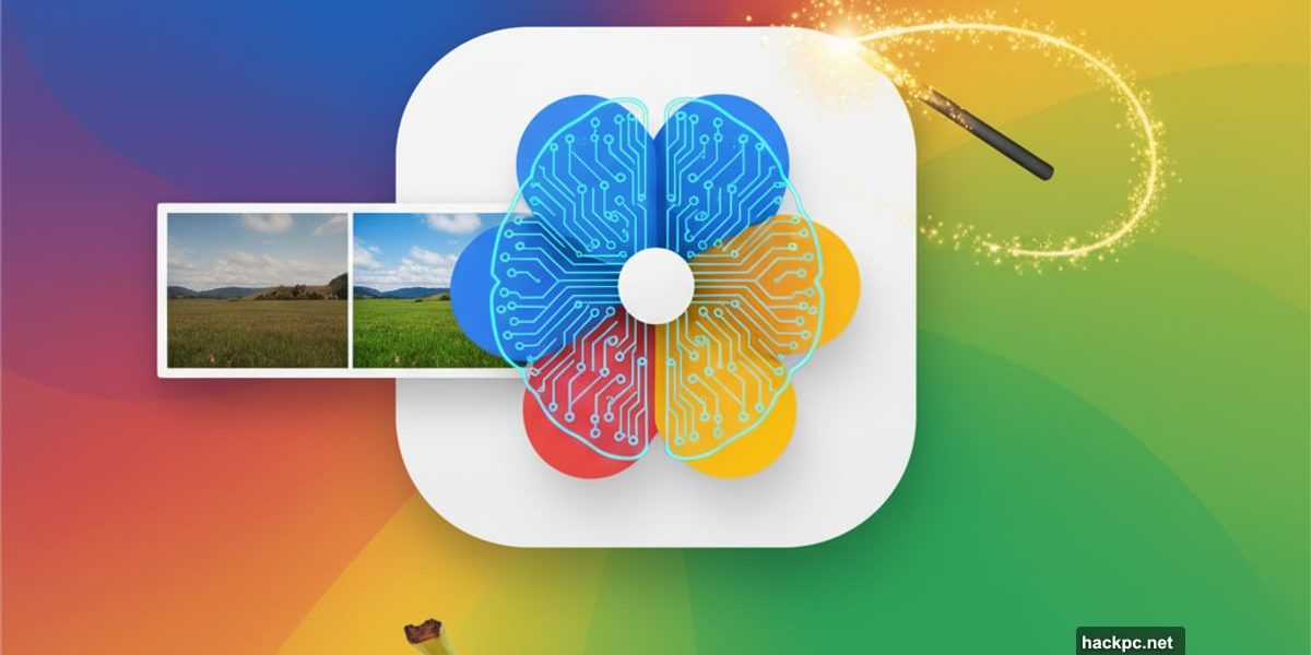 Google Photos icon with AI brain overlay and photo transformation effects