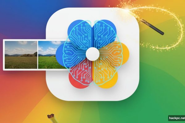 Google Photos icon with AI brain overlay and photo transformation effects