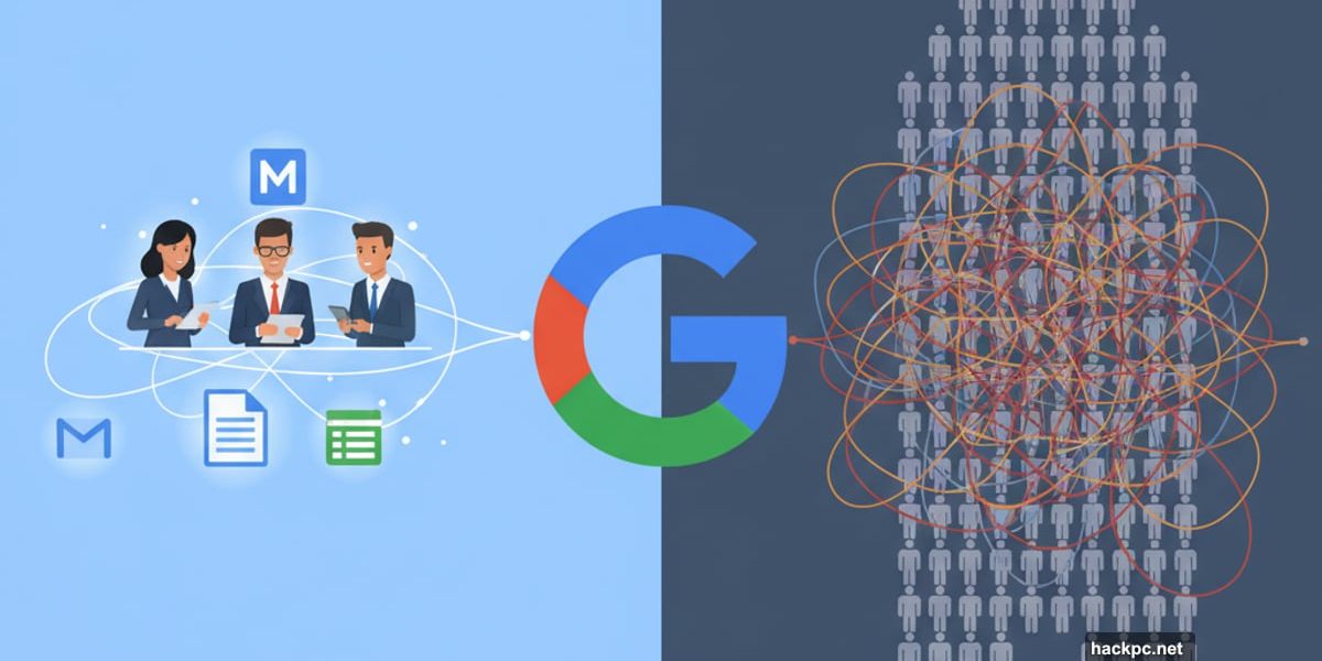 Google Workspace logo dividing small efficient team from large struggling organization