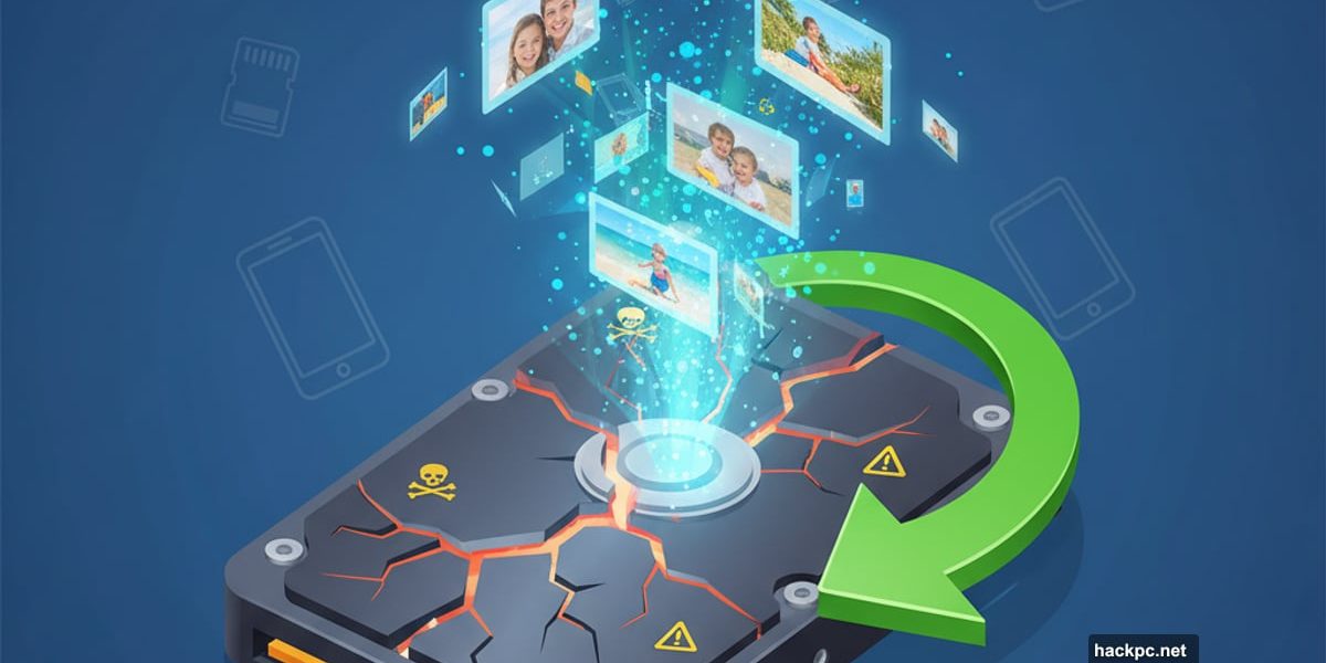 Damaged hard drive with rescued photos floating up symbolizing data recovery