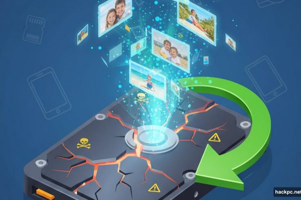 Damaged hard drive with rescued photos floating up symbolizing data recovery