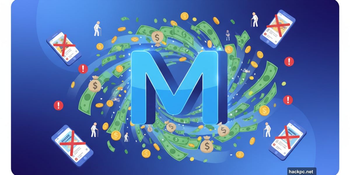 Meta logo vacuuming money from scam ads and vulnerable victims