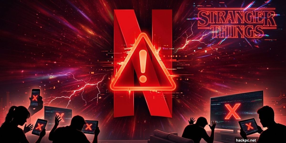 Netflix logo with error symbol and frustrated viewers during outage