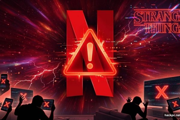 Netflix logo with error symbol and frustrated viewers during outage