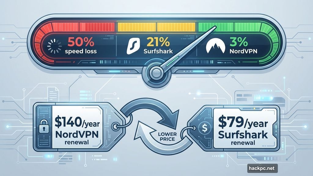 NordVPN delivers 3% speed loss versus Surfshark's 21% slowdown