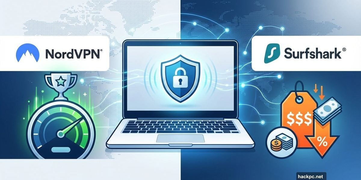 NordVPN versus Surfshark comparison on Chromebook with speed and price indicators