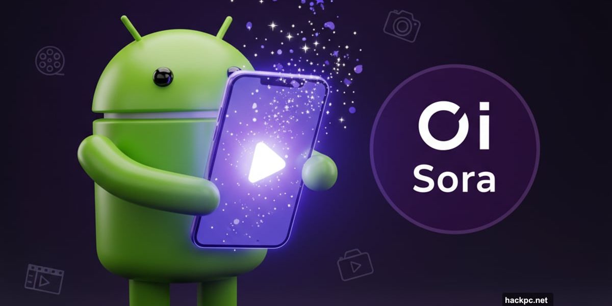 Android mascot presenting smartphone with Sora AI video app glowing screen