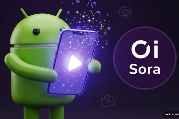 Android mascot presenting smartphone with Sora AI video app glowing screen