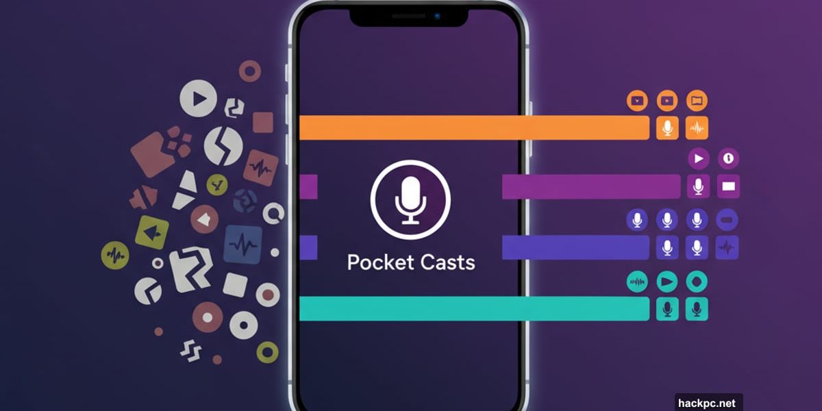 Pocket Casts app organizing scattered podcast episodes into structured playlists