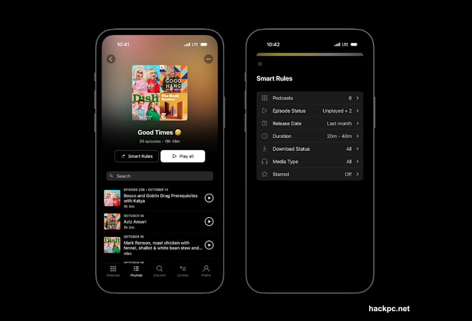 Organize podcast library by routine: news, interviews, and comedy