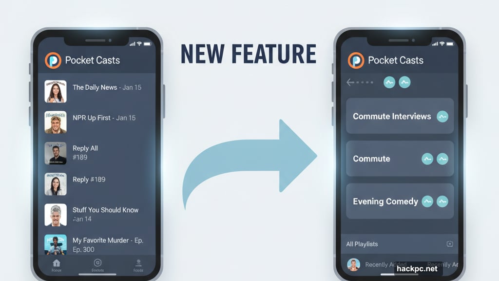Pocket Casts custom playlists organize episodes across different shows
