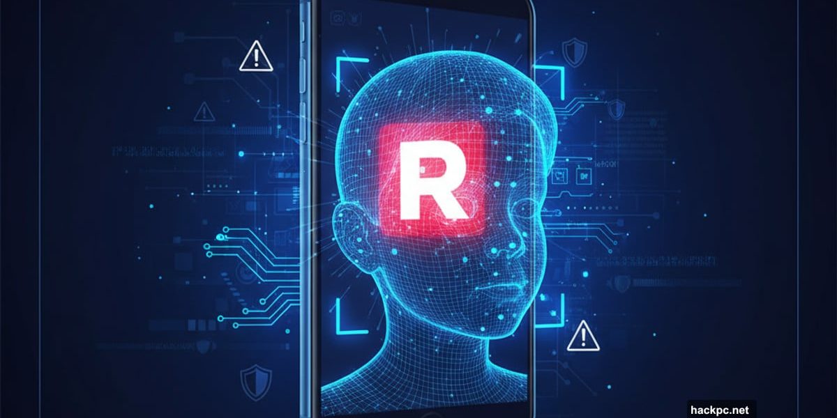 Child's face being scanned by facial recognition on Roblox smartphone