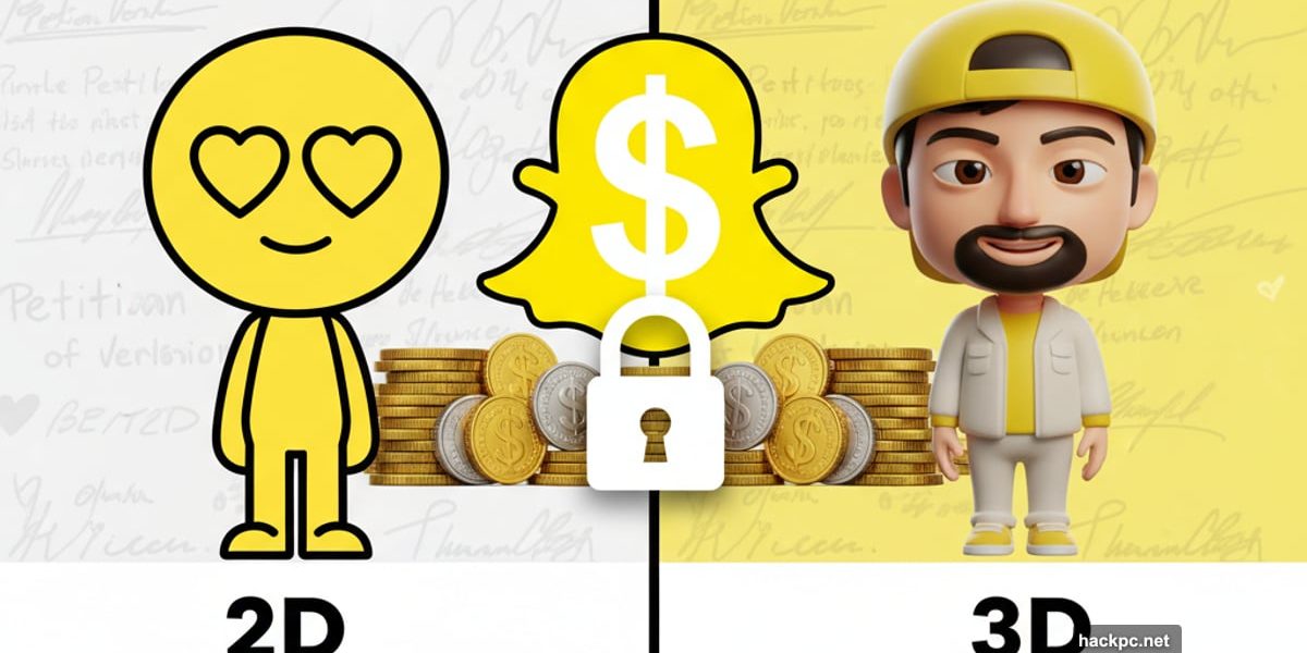 Snapchat 2D versus 3D Bitmoji comparison with paywall dollar sign