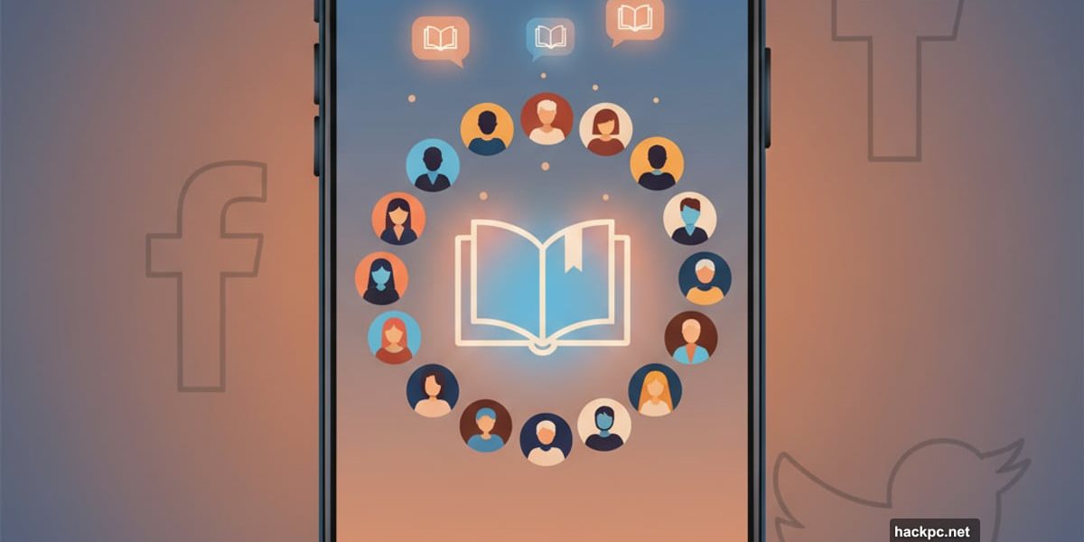 Smartphone displaying intimate book club with small group around glowing book icon