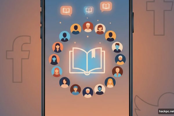 Smartphone displaying intimate book club with small group around glowing book icon