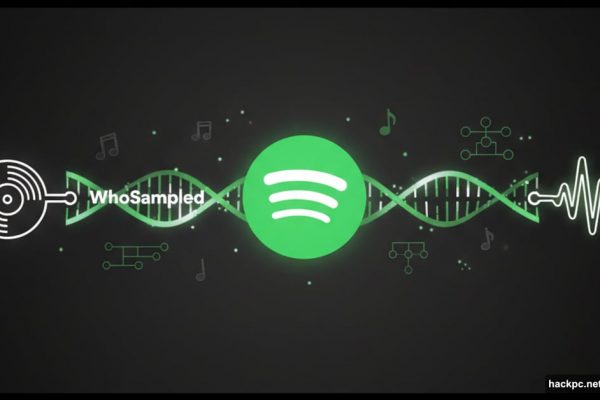 Spotify logo connected to music samples via DNA helix strands