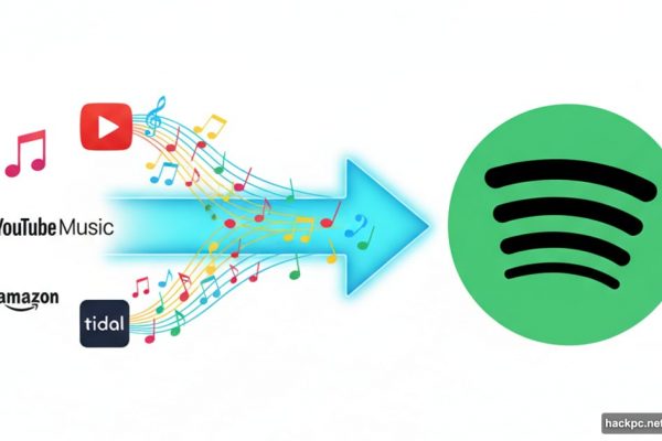 Streaming service logos with arrow pointing toward central Spotify logo