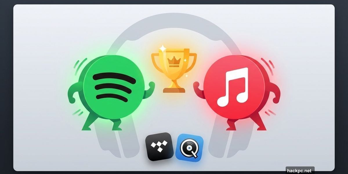Spotify and Apple Music logos facing off with trophy between them