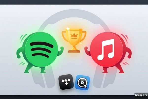 Spotify and Apple Music logos facing off with trophy between them