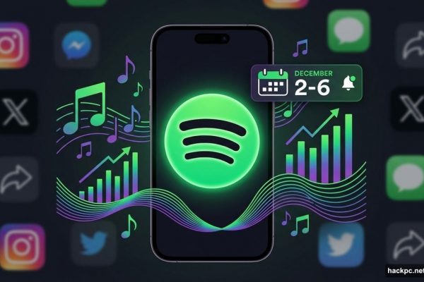 Smartphone displaying Spotify logo with December calendar and colorful music analytics