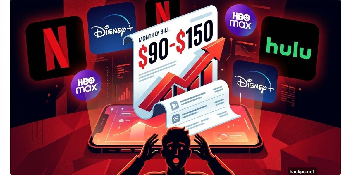 Rising streaming bills with multiple service logos and upward cost arrow