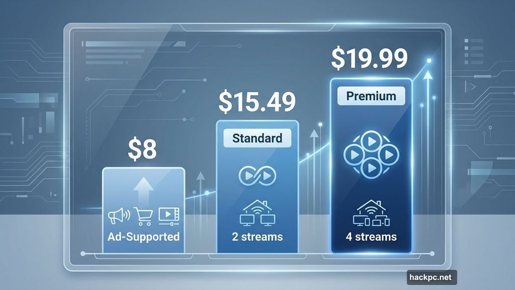 Netflix ad-supported tier costs eight dollars monthly with Premium at nineteen ninety-nine