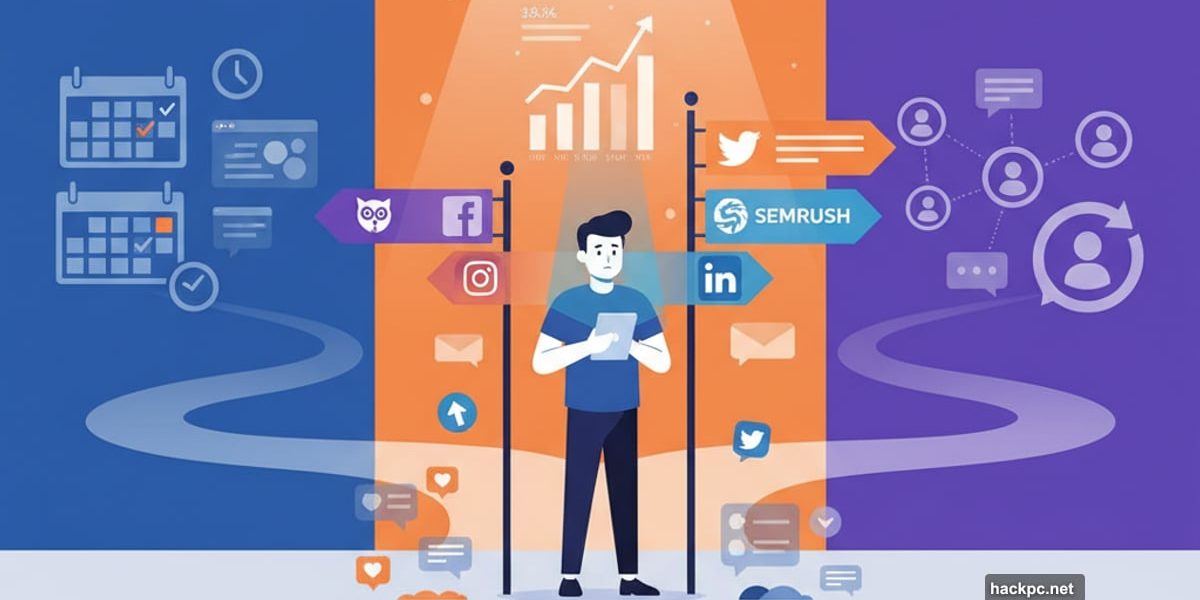 Social media manager choosing between multiple management tools at crossroads