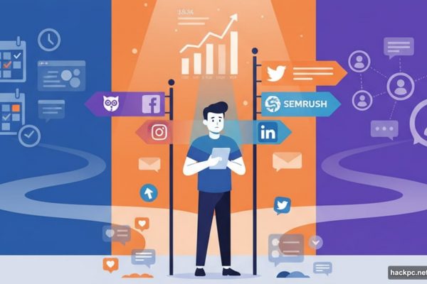 Social media manager choosing between multiple management tools at crossroads