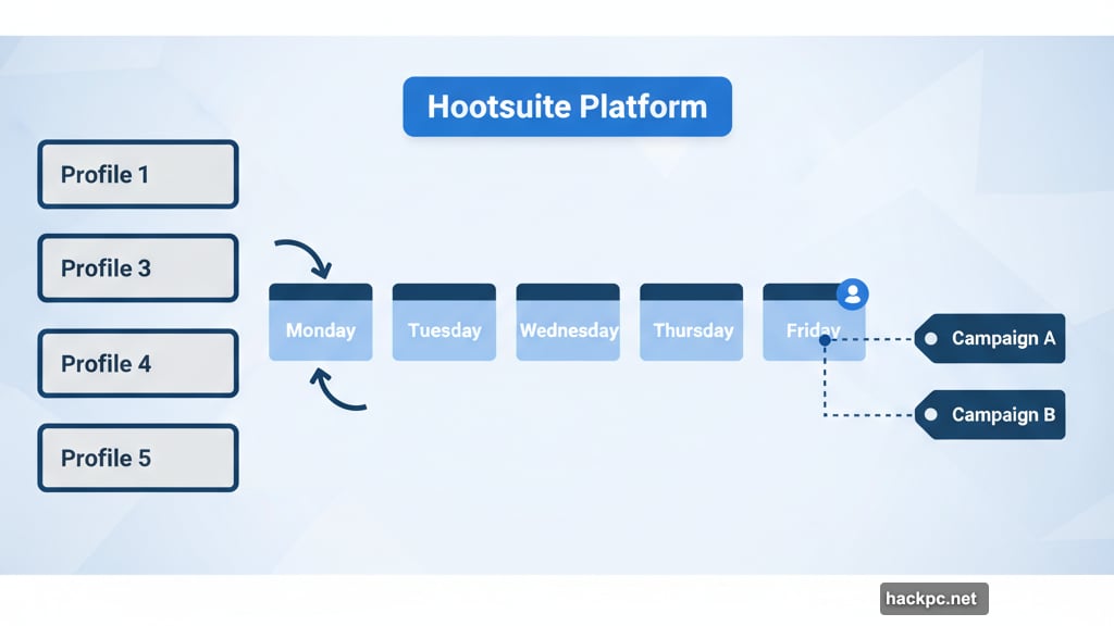 Hootsuite calendar views for planning posts across multiple profiles