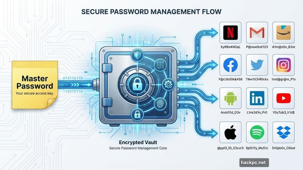 One master password unlocks encrypted vault with unique site passwords