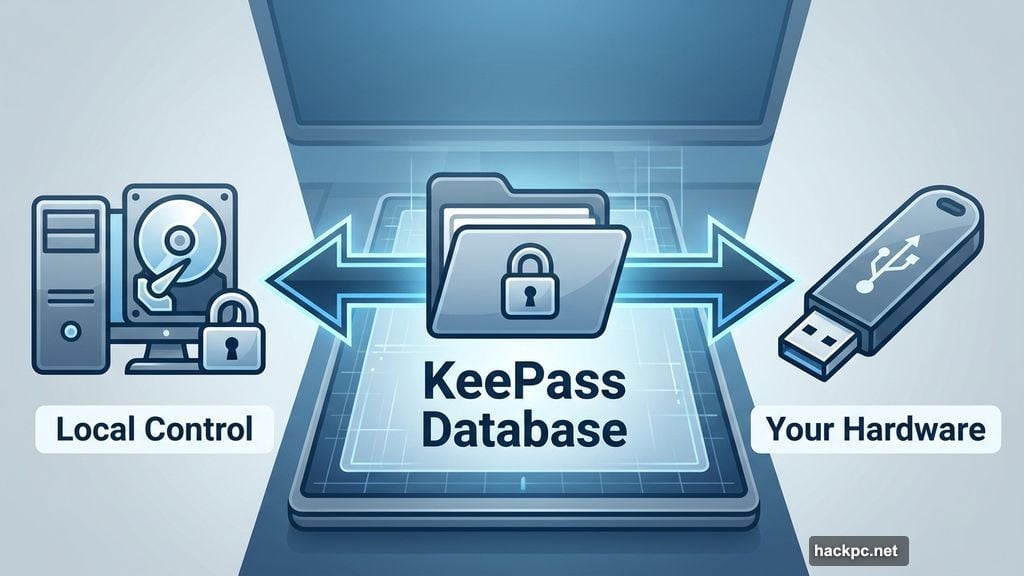 KeePass stores encrypted database locally on your computer or USB