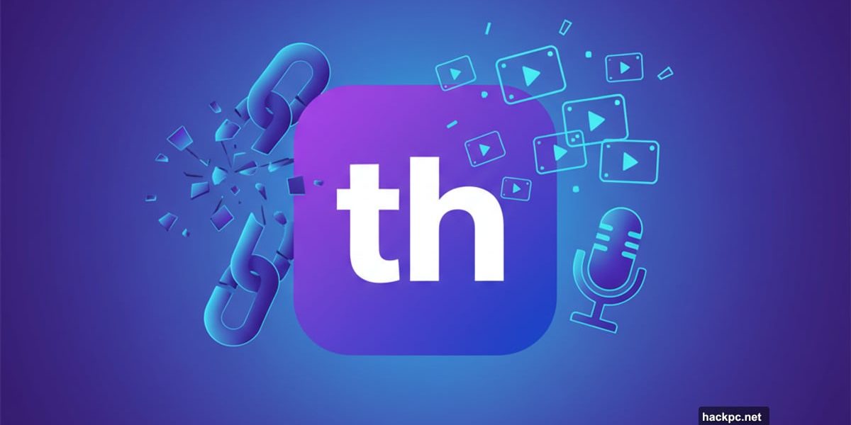 Threads logo with broken chain and podcast microphone showing platform disconnect