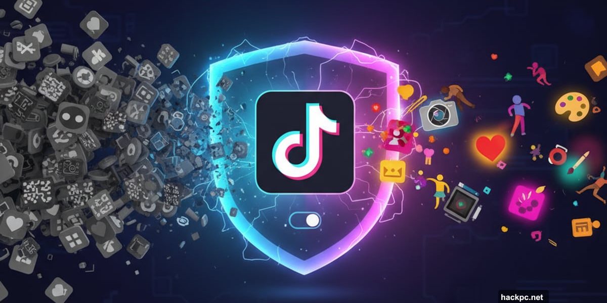 TikTok logo with shield blocking flood of AI content