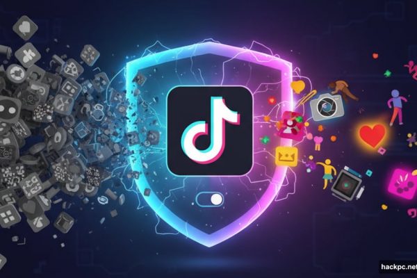 TikTok logo with shield blocking flood of AI content