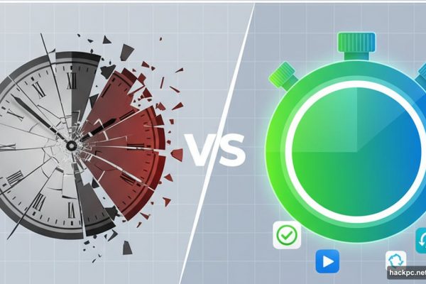 Broken clock contrasted with working digital timer and productivity icons